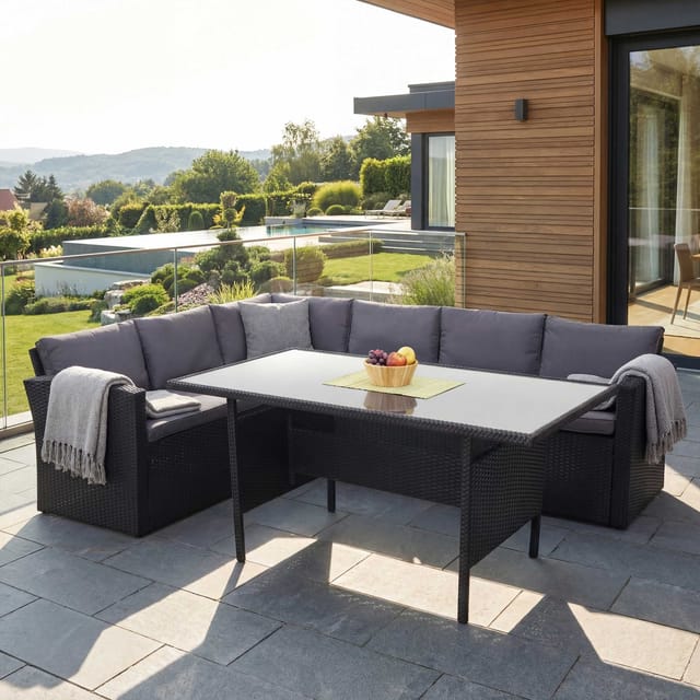 MCW Poly-Rattan-Garnitur A29 Kissen Dunkelgrau