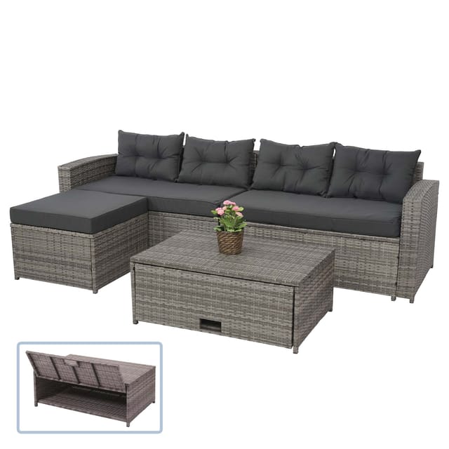 MCW Poly-Rattan Garnitur J34 4-teilig Grau Kissen Dunkelgrau