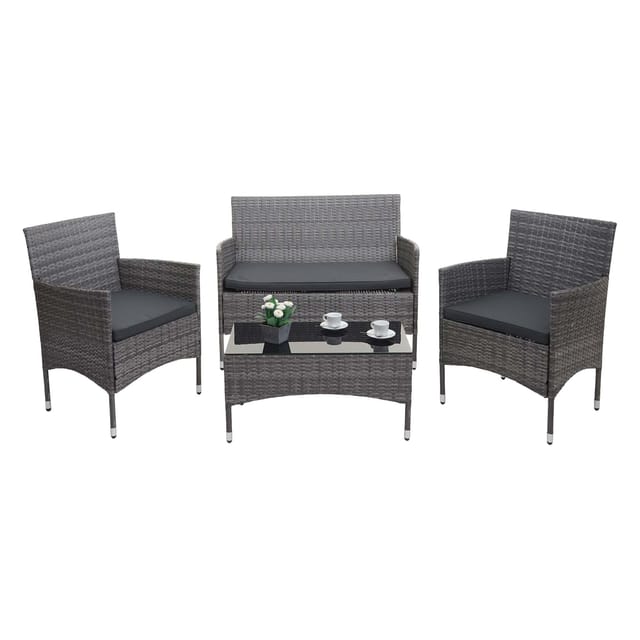 MCW Poly-Rattan Garnitur F55 4-teilig Grau Kissen Dunkelgrau