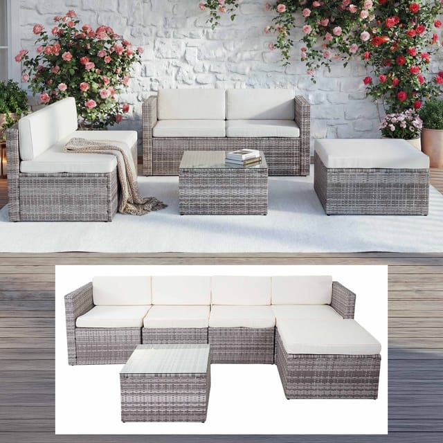 MCW Poly-Rattan-Garnitur D24 Grau Polster Creme