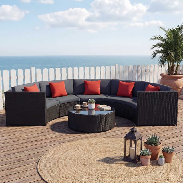 MCW Poly-Rattan Garnitur E17 Rund Schwarz Polster Dunkelgrau Kissen Terracotta