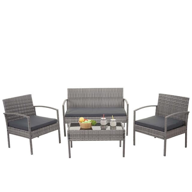MCW Poly-Rattan Garnitur F56 4-teilig Grau Kissen Dunkelgrau