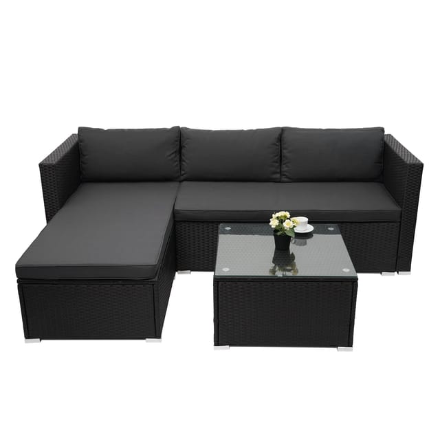 MCW Poly-Rattan Garnitur F57 3-teilig Schwarz Kissen Dunkelgrau ohne Deko-Kissen