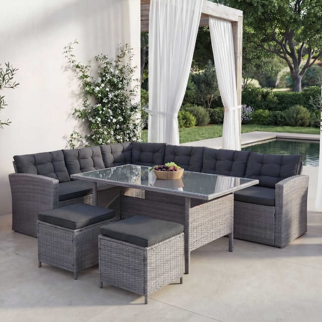 MCW Poly-Rattan-Garnitur A29 Grau Kissen Grau mit 2x Hocker