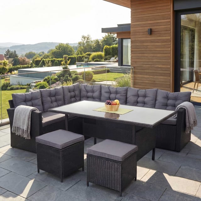 MCW Poly-Rattan-Garnitur A29 mit 2x Hocker Kissen Dunkelgrau mit 2x Hocker