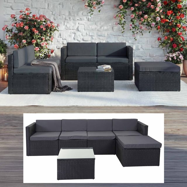 MCW Poly-Rattan-Garnitur D24 Anthrazit Polster Dunkelgrau