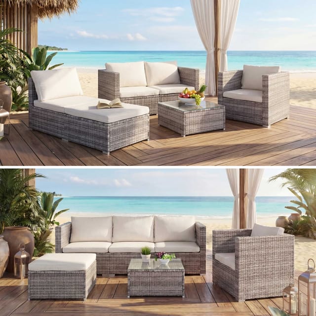 MCW Poly-Rattan-Garnitur Busto Grau Kissen Creme
