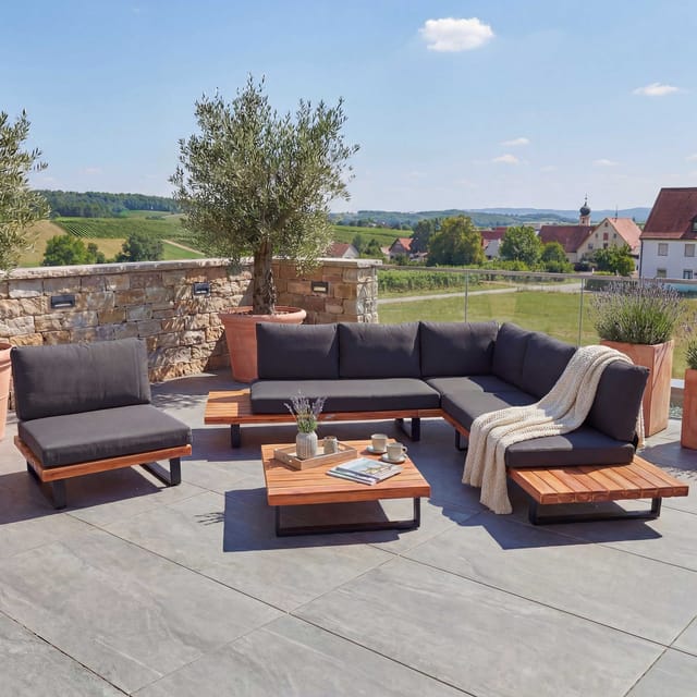 MCW Garten-Garnitur H54 4er-Set Braun Polster Dunkelgrau