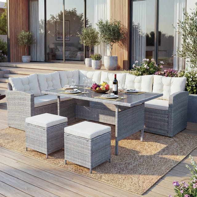 MCW Poly-Rattan-Garnitur A29 Hellgrau Kissen Creme mit 2x Hocker