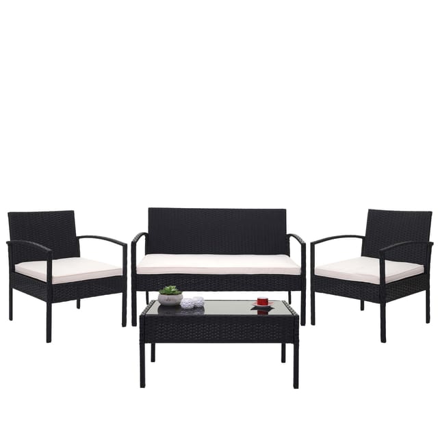 MCW Poly-Rattan Garnitur F56 4-teilig Schwarz Kissen Creme