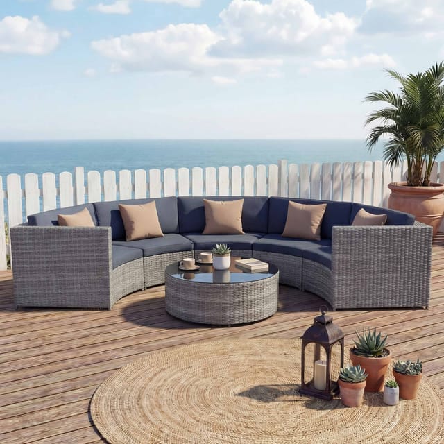 MCW Poly-Rattan Garnitur E17 Rund Grau Polster Dunkelgrau Kissen Beige