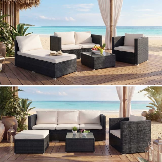 MCW Poly-Rattan-Garnitur Busto Schwarz Kissen Creme