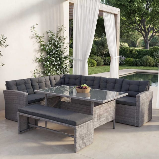 MCW Poly-Rattan-Garnitur A29 Grau Kissen Grau mit Bank