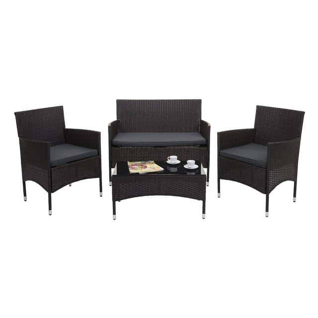 MCW Poly-Rattan Garnitur F55 4-teilig Braun Kissen Dunkelgrau