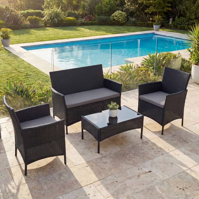 MCW 2-1-1 Poly-Rattan Garten-Garnitur Hamar Anthrazit Kissen Anthrazit