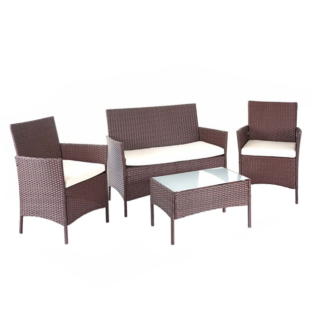 MCW Poly-Rattan Garnitur D82 4-teilig Braun-meliert mit Kissen Creme