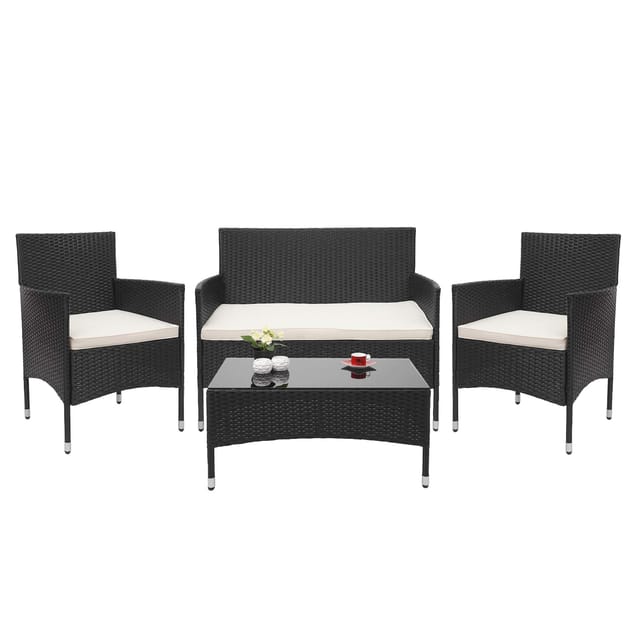 MCW Poly-Rattan Garnitur F55 4-teilig Schwarz Kissen Creme