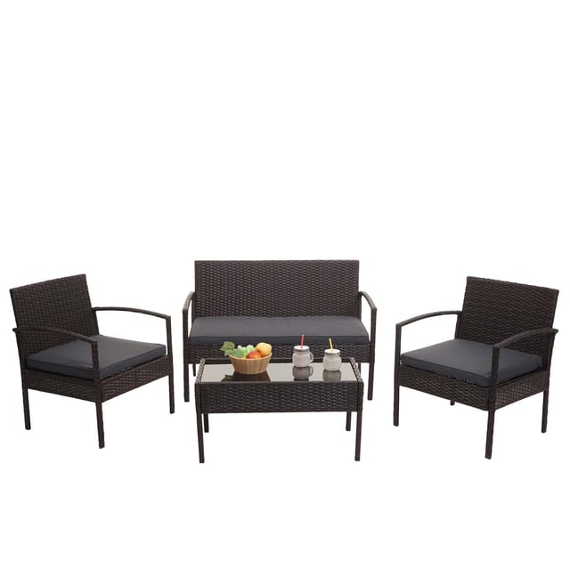 MCW Poly-Rattan Garnitur F56 4-teilig Braun Kissen Dunkelgrau