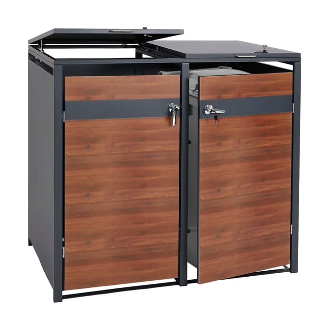 MCW 2er Mülltonnenverkleidung J82 Kirsche-Holzoptik Dunkelbraun 117x132x80cm