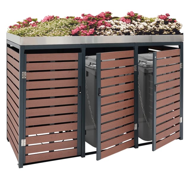 MCW 3er Mülltonnenverkleidung K14 Walnuss-Holzoptik 124x200x84cm