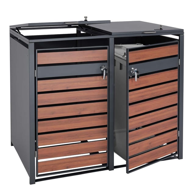 MCW 2er Mülltonnenverkleidung J81 Kirsche-Holzoptik Dunkelbraun 117x132x80cm