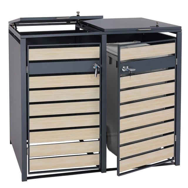 MCW 2er Mülltonnenverkleidung J81 Buche-Holzoptik Hellbraun 117x132x80cm