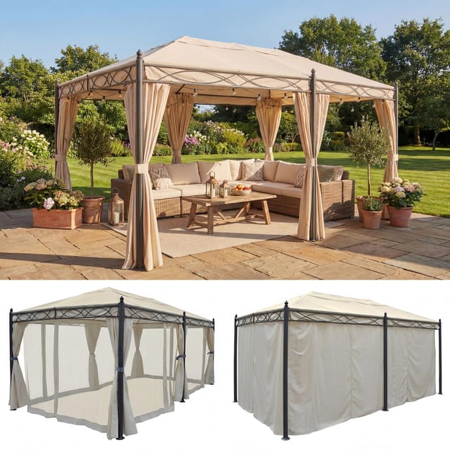 MCW Pergola Calpe 5x3m Creme mit Seitenwand mit Moskitonetz