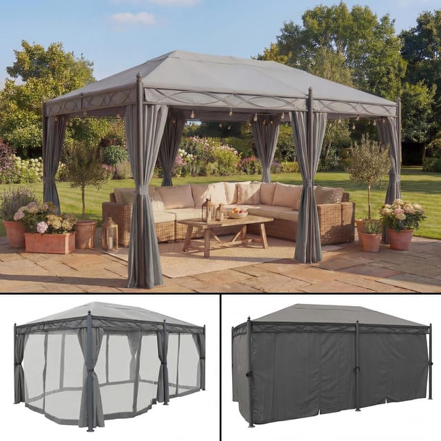MCW Pergola Calpe 5x3m Grau mit Seitenwand mit Moskitonetz