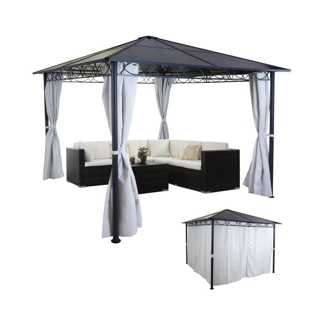 MCW Hardtop Pergola C77 Garten Pavillon Kunststoff-Dach Seitenwand Alu Hellgrau 3x3m