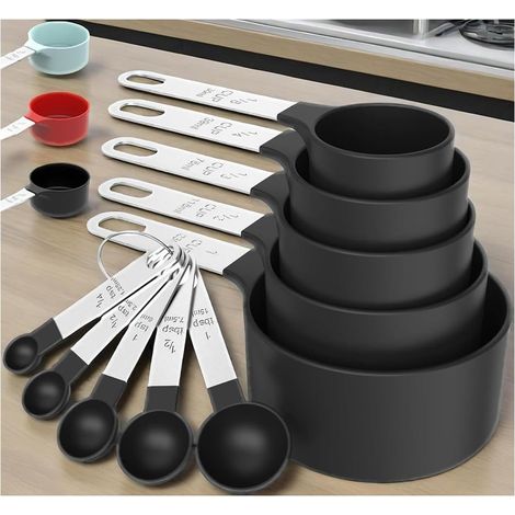Set Mit 10 Messbechern Und -löffeln, Stapelbare Messbecher Und -löffel Mit Edelstahlgriffen, Küchenhelfer Zum Kochen Und Backen (schwarz)