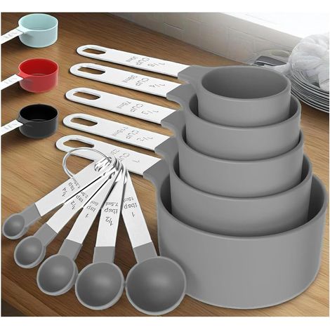 Set Mit 10 Stapelbaren Messbechern Und -löffeln, Ineinander Stapelbare Messbecher Und -löffel Mit Edelstahlgriff, Küchenhelfer Zum Kochen Und Backen (grau)
