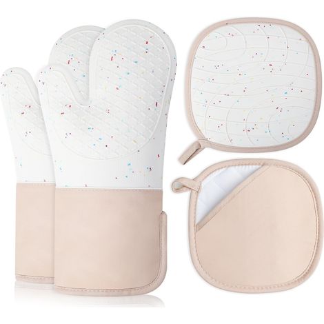 Topflappen-set – 4-teilig (2 Ofenhandschuhe + 2 Backblechhandschuhe), Hitzebeständig Bis 350 °c, Rutschfestes Silikon, Zum Kochen Und Grillen, Beige