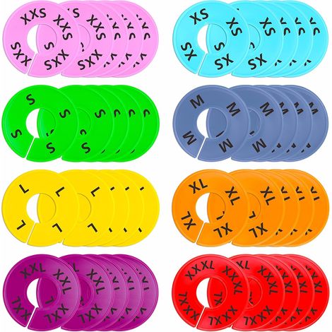 Set Mit 40 Runden, Farbigen Größentrennern Aus Kunststoff Für Kleiderschränke, 8 Verschiedene Farben, Vorbedruckt In 8 Größen Von Xxs Bis Xxxl (außendurchmesser 9 Cm, Innendurchmesser 3,5 Cm)