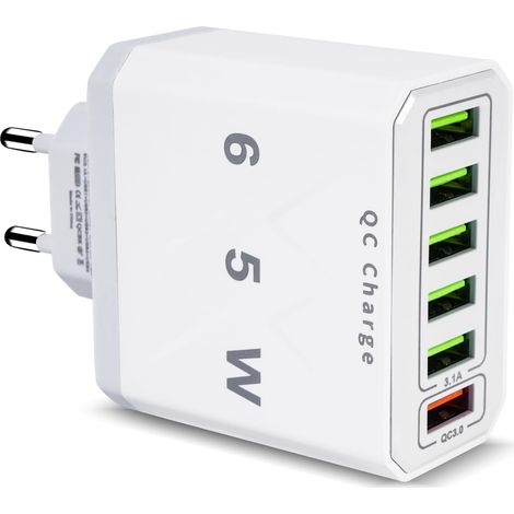 Usb-ladegerät, 65 W, 6-port-schnellladegerät Mit Qc 3.0, Mehrere Usb-anschlüsse, Netzteil Für Smartphones (z. B. Samsung Galaxy S15 Pro Max, S14 Plus, S13, S12, S11, Se, Xr), Ipad Und Samsung Galaxy S