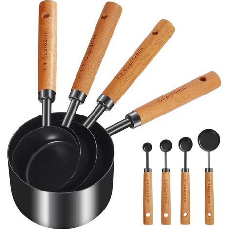 8-teiliges Messlöffel- Und Messbecher-set Mit Holzgriff, Metrischen Und Amerikanischen Maßeinheiten, Edelstahl, Polierte Schwarze Oberfläche, Messbecher Für Trockene Und Flüssige Zutaten, Zum Backen