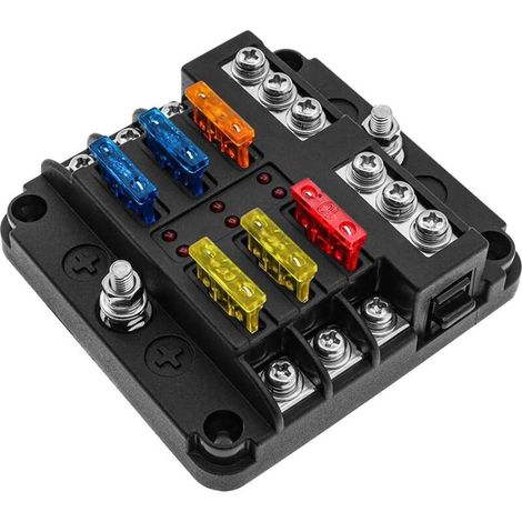 6-facher 12-v-sicherungskasten – Max. 100 A – Led-anzeige – 16 Atc/ato-sicherungen – Flammhemmendes Pbt Und Edelstahl – Für Pkw, Boote, Suvs