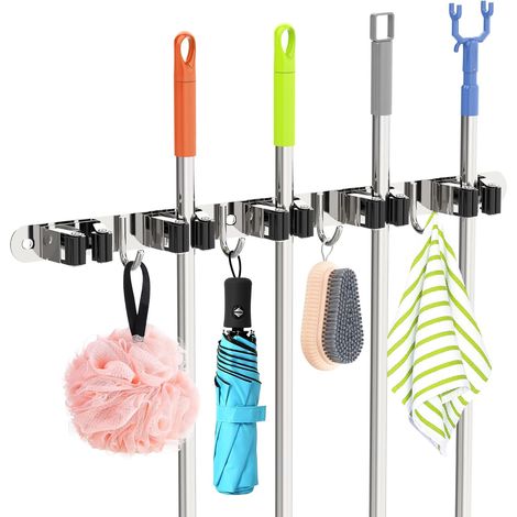 Wandmontierter Besenhalter, Besenständer Mit 5 Halterungen Und 4 Nagelhaken (bohren Oder Kleben Erforderlich) Für Küche, Garage, Garten, Silber