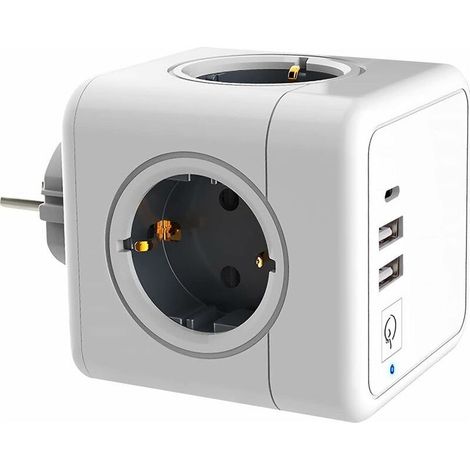Würfelförmige Wandsteckdosenleiste Mit 4 Steckdosen, 16 A – 2 Usb-a-anschlüsse + 1 Usb-c-anschluss (max. 3,1 A) – Überspannungsschutz Bis 350 Joule – Kompakte Abmessungen: 7,5 X 7,5 X 11,5 Cm