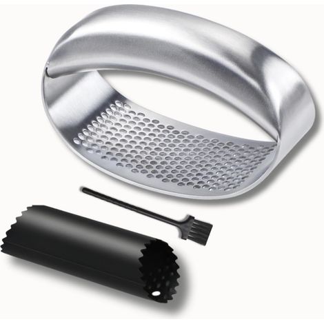 Knoblauchpresse Aus Edelstahl 18/10 Mit Robustem Kippmechanismus, Manueller Zerkleinerer Aus Edelstahl, Kartoffelstampfer Mit Silikonschäler, Innovativer Runder Knoblauchzerkleinerer Mit Nudelholz