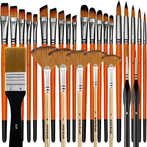 Set Aus 28 Professionellen Pinseln Für Aquarell- Und Gouachemalerei, Nylonborsten, Birkenholzgriff Mit Runden/filberten/flachen/fächerförmigen/abgewinkelten/feinen Detailformen Für Anfänger, Studenten