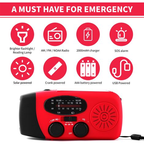 Notfall-kurbelradio Mit Led-taschenlampe Für Am/fm, Tragbarer 2000-mah-wetterdynamo (noaa-powerbank), Usb-handyladegerät, Solarbetriebenes Campingladegerät