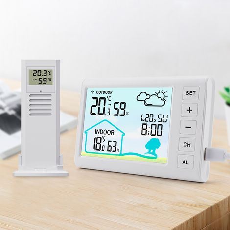 Drahtlose Wetterstation Für Den Innen- Und Außenbereich, Temperaturanzeige, Uhr, Wecker, Einstellbare Hintergrundbeleuchtung