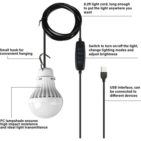 Usb-led-taschenlampe Für Den Außenbereich, Warmweißes/weißes/warmweißes Licht, Einstellbare Helligkeit, Haken Für Camping, Wandern, Notfall, Tragbar