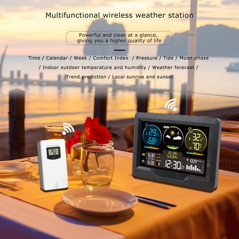 Fj3383m Intelligente Wetterstation Mit Uhr, Innen- Und Außentemperatur- Und Feuchtigkeitsmesser, Großem Farbdisplay Und Multifunktionsanzeige, 1 Sensor (unterstützt Bis Zu 3 Sensoren).