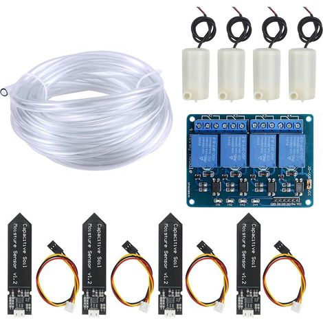 Automatisches Bewässerungsset Zum Selberbauen Für Gartenpflanzen, Bestehend Aus Entwicklungsplatine, 4 Bodenfeuchtigkeitssensoren, 4-kanal-relais, 4 Mini-tauchpumpen Und 4 M Wasserschlauch.