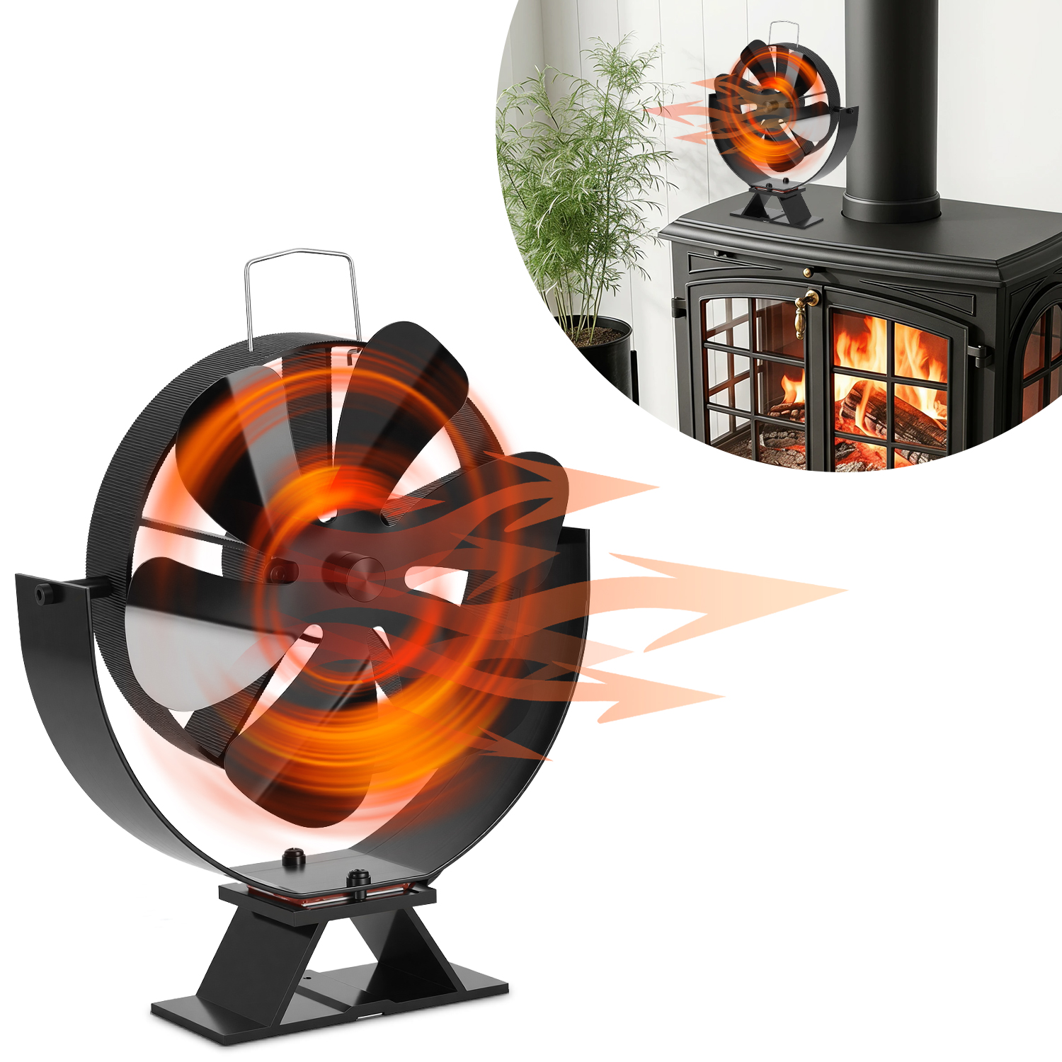 Jiubiaz Kaminventilator 6 Flügel, Kaminofen Ventilator Winkelverstellbarer Ofenventilator Ohne Strom, Mit Ofenthermometer Für Holzofen Und Kaminofen