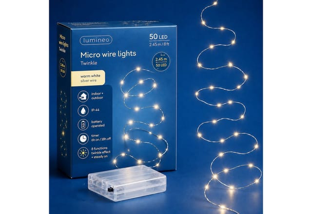 Lumineo Batterie Micro-led Lichterkette Silber 2,5 Meter 50 Lichter - Warmweiß