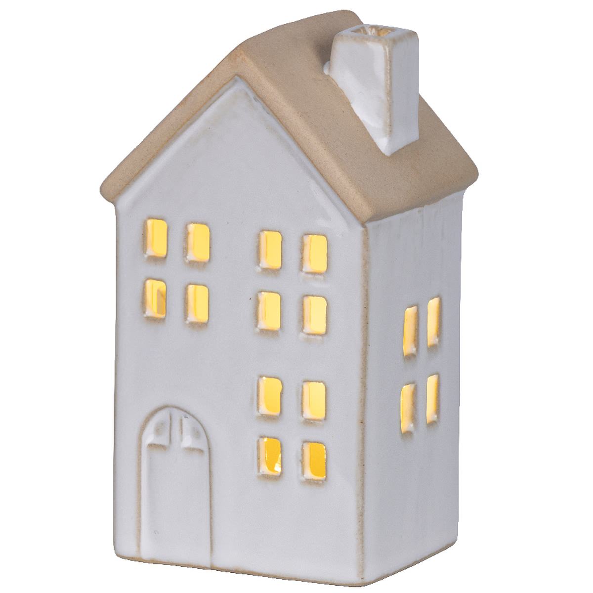 Lumineo Batterie Led Häuschen Weiß Eckige Fenster 7,8 X 12,5 Cm Prozellan - Warmweiß