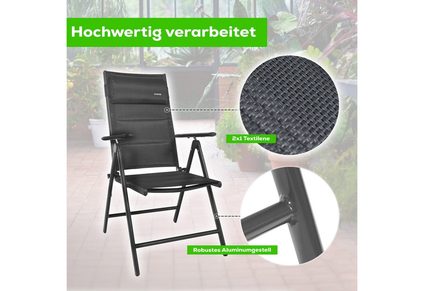 GARMIO Gartenstuhl Balkonstuhl FLORENZ Schwarz - Gartenstuhl FLORENZ, robustes Aluminiumgestell für Garten