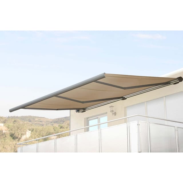 MCW Elektrische Kassettenmarkise H27 6x3m Polyester Creme Rahmen Grau